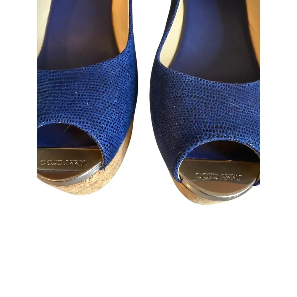 Jimmy Choo Platform Slingback Wedge Cork Peep Toe Sandals Blue 8.5